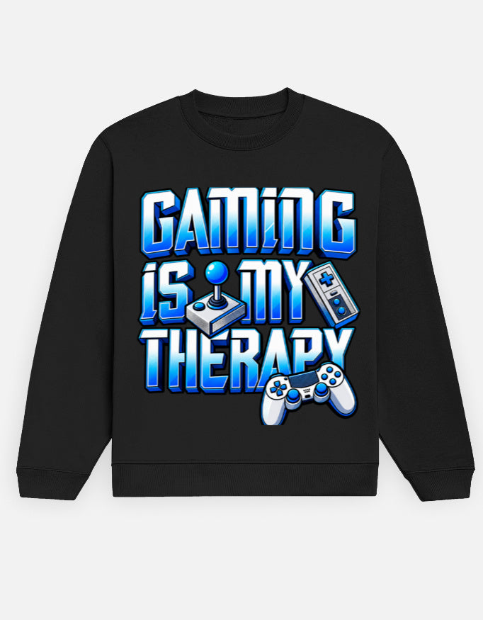 Black unisex fleece sweatshirt with Gaming Is My Therapy blue graphic print, joystick and controller design - front view