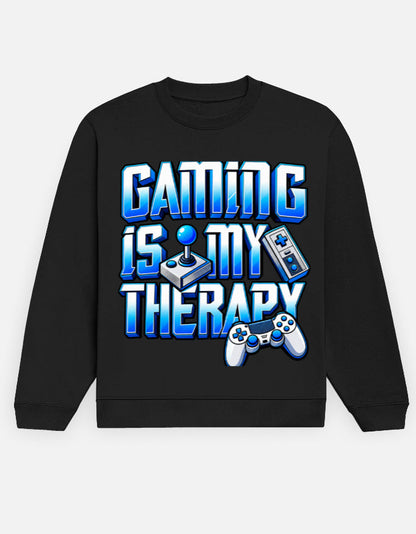 Black unisex fleece sweatshirt with Gaming Is My Therapy blue graphic print, joystick and controller design - front view