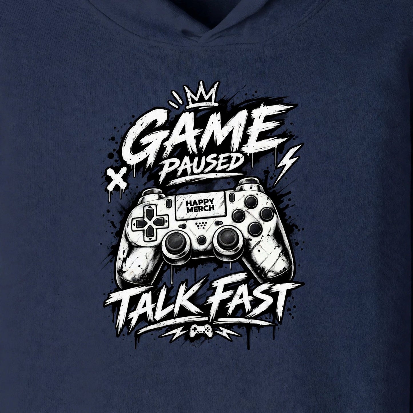 Game Paused Talk Fast Graphic Unisex Cotton Terry Hoodie – Navy Blue