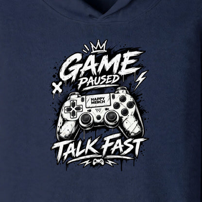 Game Paused Talk Fast Graphic Unisex Cotton Terry Hoodie – Navy Blue