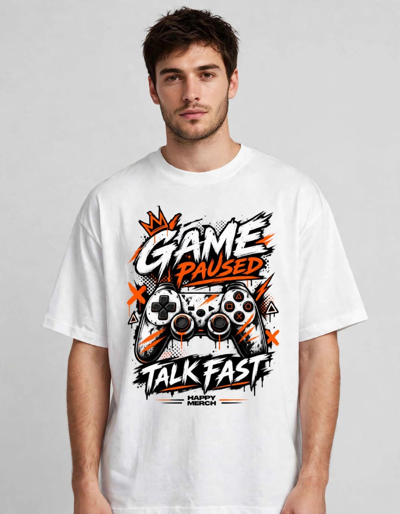HAPPY MERCH - Game Paused Talk Fast Oversized T-Shirt | Unisex Gamer T-Shirt | 180 GSM Poly-Cotton Blend | Ultra-Soft & Breathable