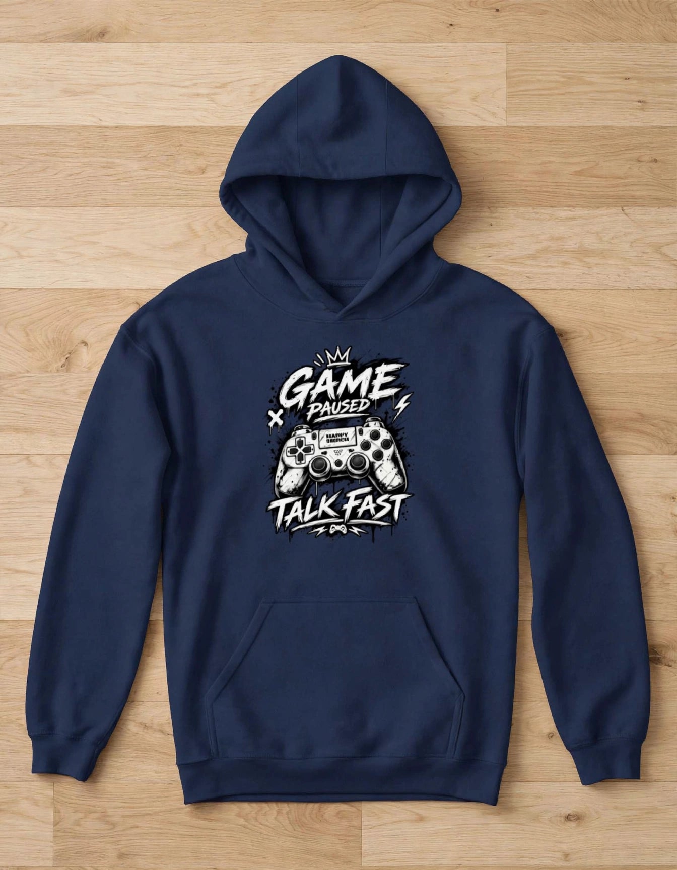 Game Paused Talk Fast Graphic Unisex Cotton Terry Hoodie – Navy Blue