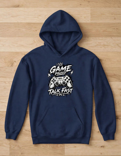 Game Paused Talk Fast Graphic Unisex Cotton Terry Hoodie – Navy Blue