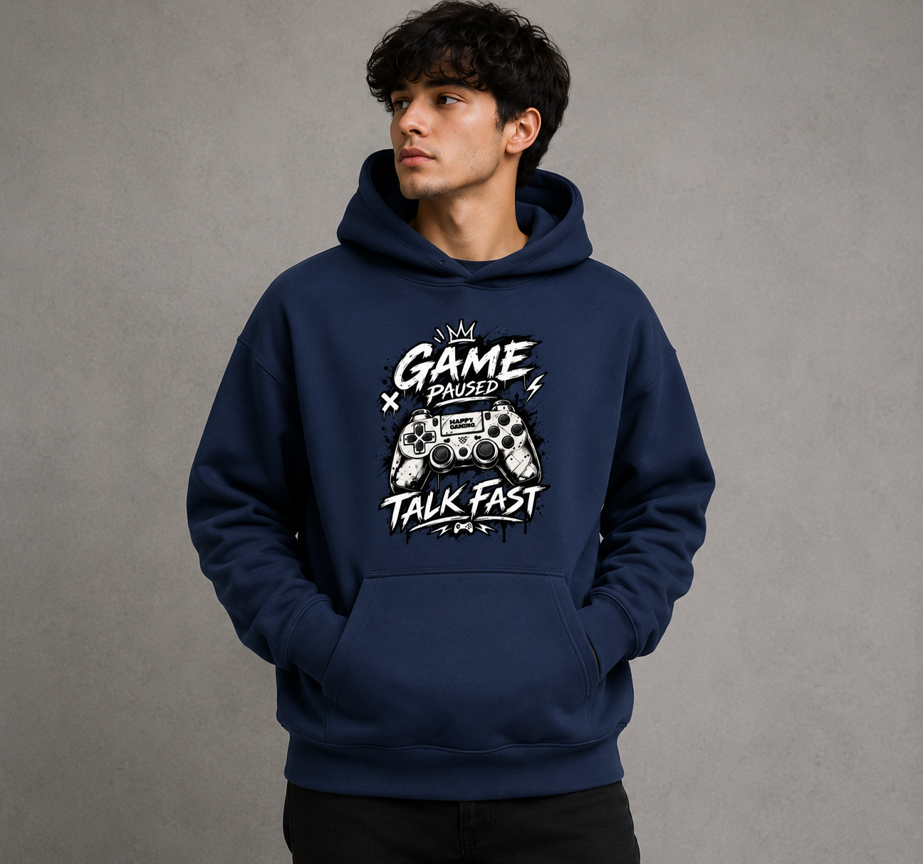 Game Paused Talk Fast Graphic Unisex Cotton Terry Hoodie – Navy Blue