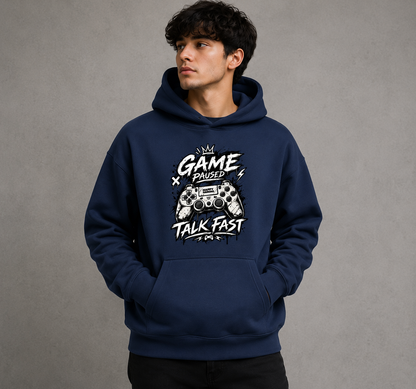 Game Paused Talk Fast Graphic Unisex Cotton Terry Hoodie – Navy Blue