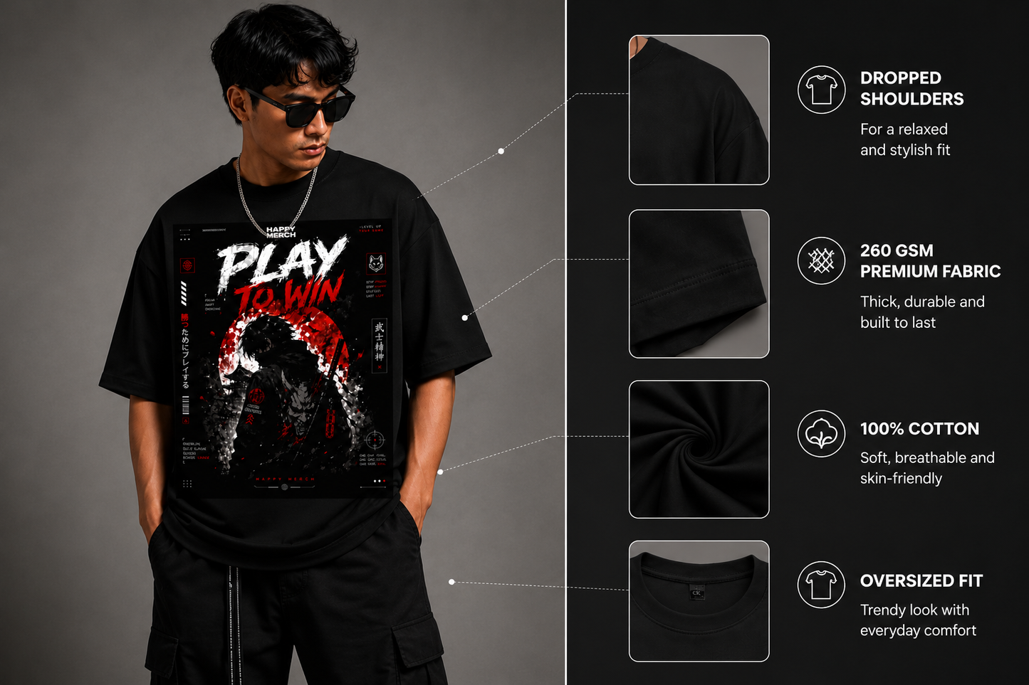 PLAY TO WIN Oversized Graphic T-Shirt | Premium 260 GSM Gaming Samurai Streetwear