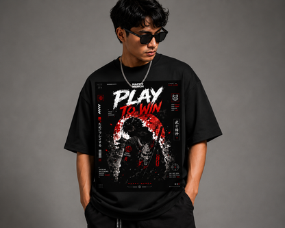 PLAY TO WIN Oversized Graphic T-Shirt | Premium 260 GSM Gaming Samurai Streetwear