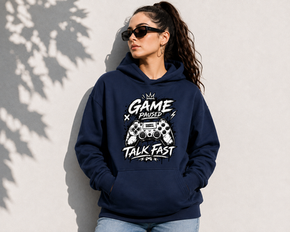 Game Paused Talk Fast Graphic Unisex Cotton Terry Hoodie – Navy Blue